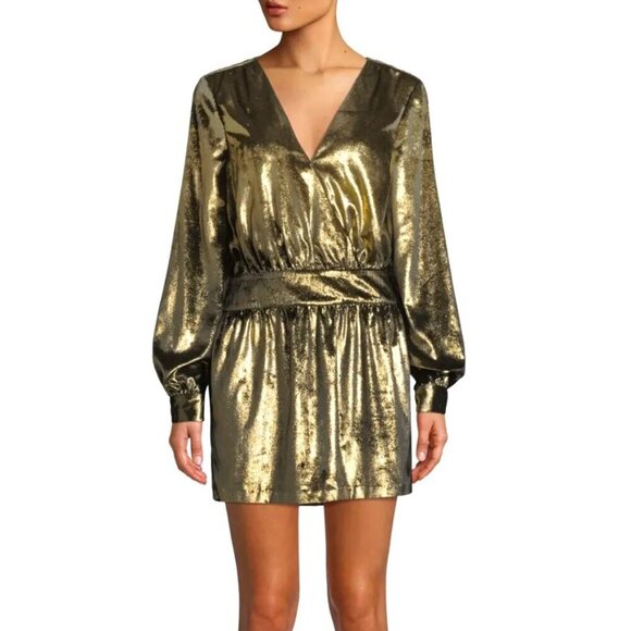 New FRAME Metallic Gold Lame' Velvet Long-Sleeve V-Neck Mini Dress 8 MSRP $595 - Picture 2 of 10
